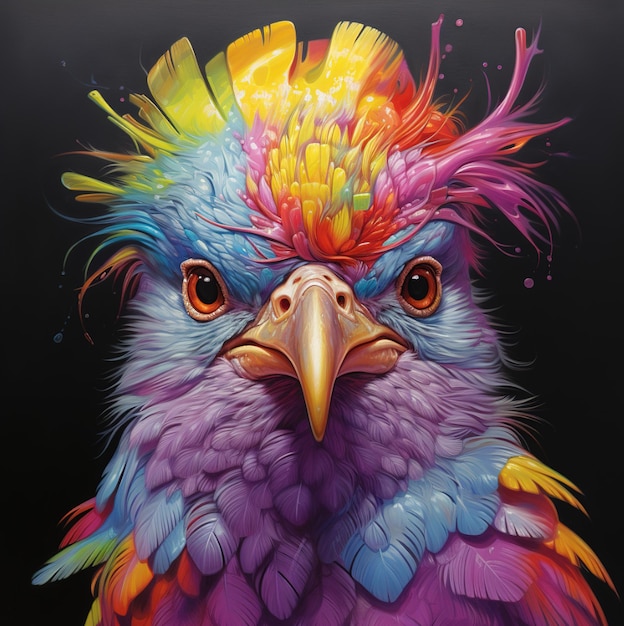 A painting of a bird with colorful feathers on it