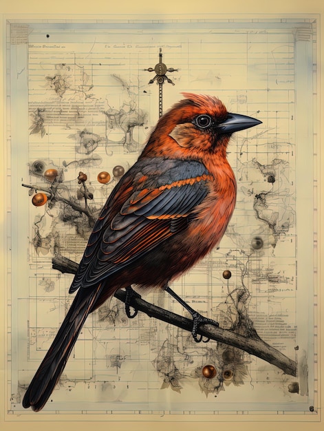 a painting of a bird with a cross in the background.