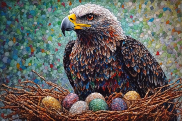 A painting of a bird with eggs in it