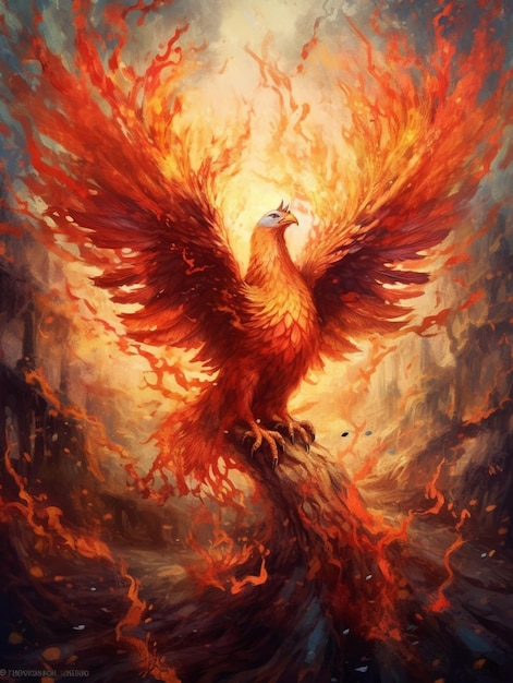 Painting of a bird with a fiery tail rising from a fire generative ai