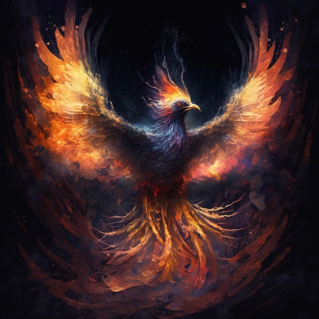 a painting of a bird with a fire and flames in its wings generative ai