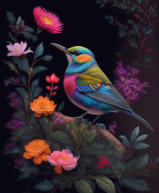 A painting of a bird with a flower in the background