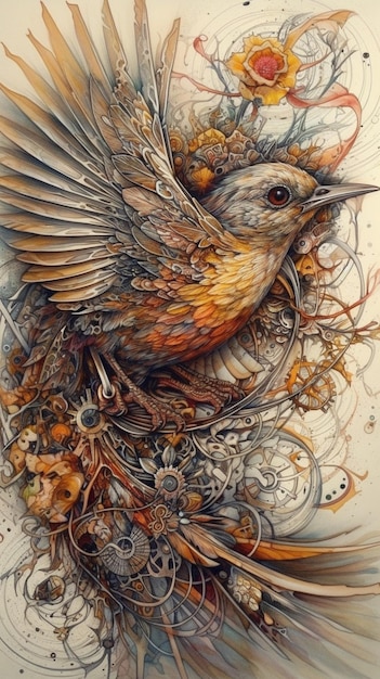A painting of a bird with a lot of things on it