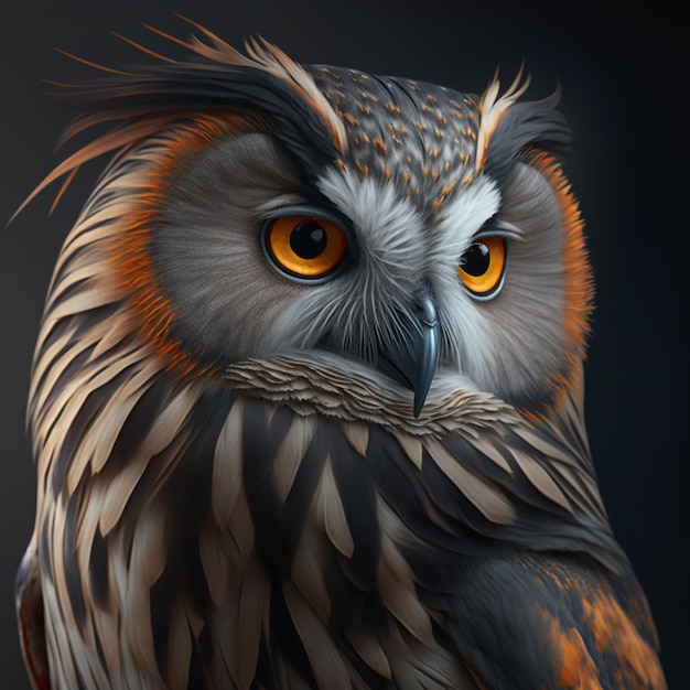 A painting of a bird with orange eyes and a black background.