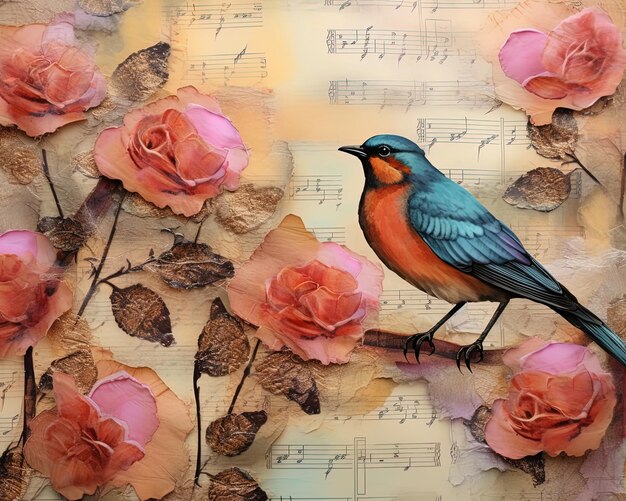 a painting of a bird with a piano keys in the background