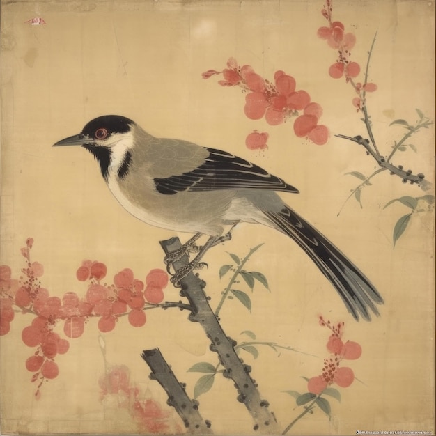 a painting of a bird with pink flowers and a bird on it.