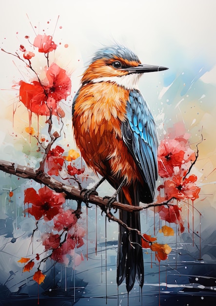 a painting of a bird with a red flower in the background