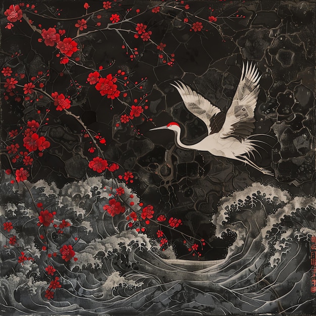 a painting of a bird with red flowers on it