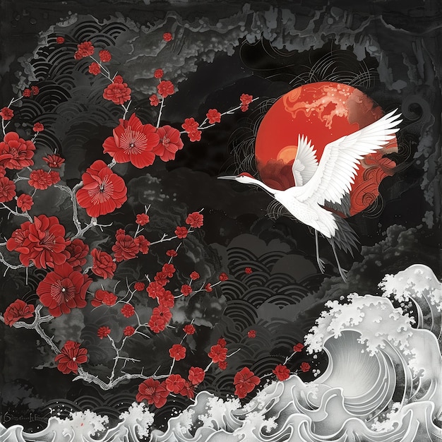 赤い月と海を背景に描いた鳥の絵