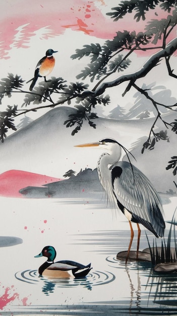 a painting of a bird with a red spot on it