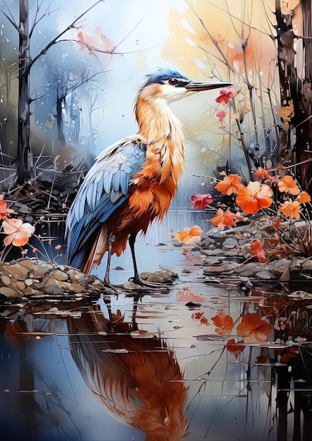 a painting of a bird with a reflection of a bird on the water