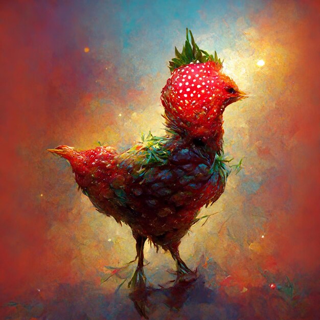 Painting of a bird with a strawberry on its head generative ai