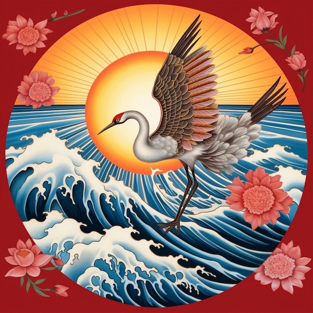 a painting of a bird with the sun behind it