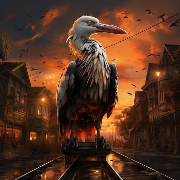 a painting of a bird with a sunset in the background