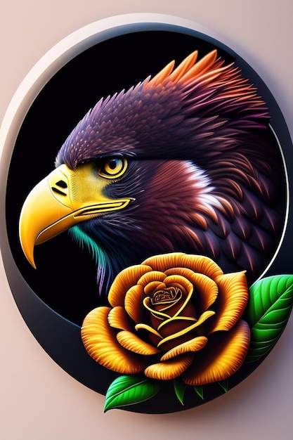 A painting of a bird with a yellow beak and a rose in the center.