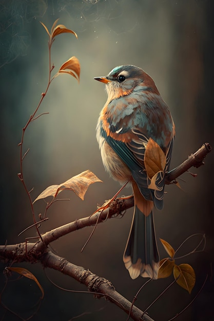 A painting of a bird with a yellow leaf on it