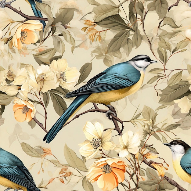 a painting of a bird with yellow and white flowers.
