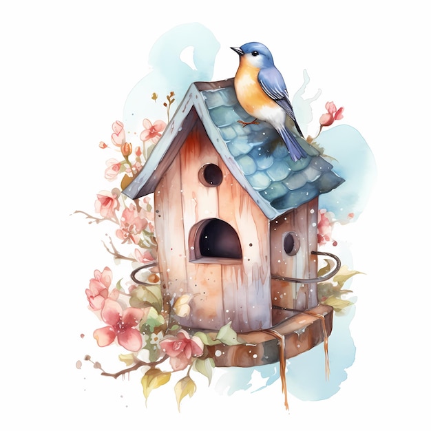 Photo a painting of a birdhouse with a bird on the roof