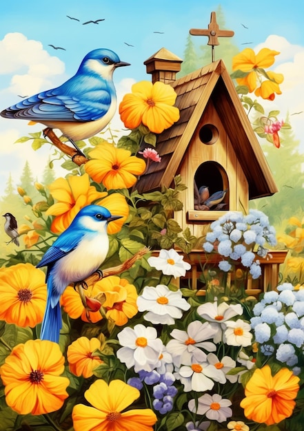 painting of a birdhouse with two birds and flowers in the foreground generative ai