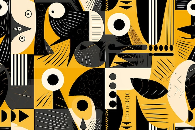 a painting of birds and birds in yellow and black.