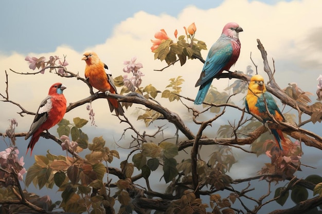 a painting of birds on a branch with a blue background.