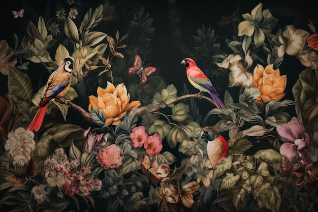 A painting of birds on a branch with flowers and butterflies.