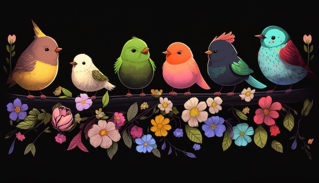 A painting of birds on a branch with flowers.