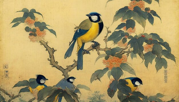 A painting of birds on a branch with flowers.