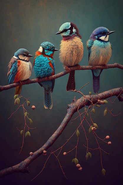 A painting of birds on a branch with one of them has a blue bird on it.