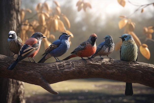 A painting of birds on a branch with the sun shining on them.