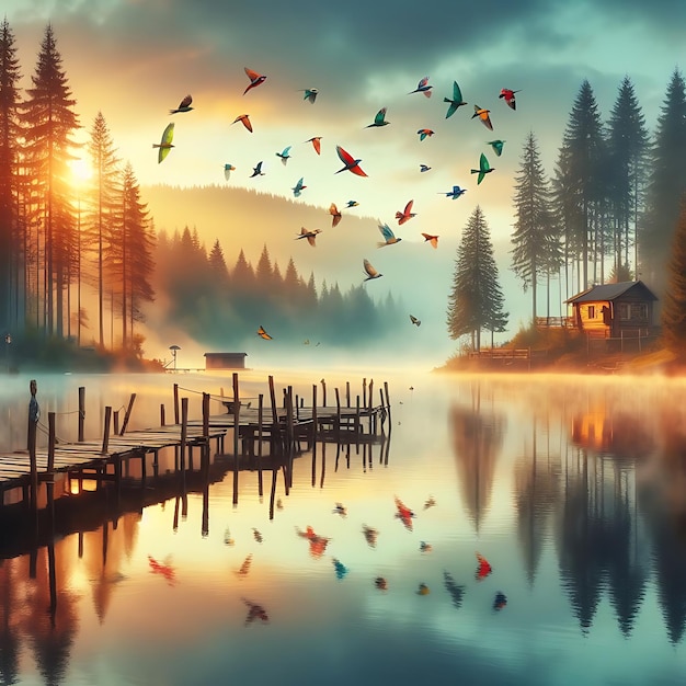 a painting of birds flying over a lake with a house on the water