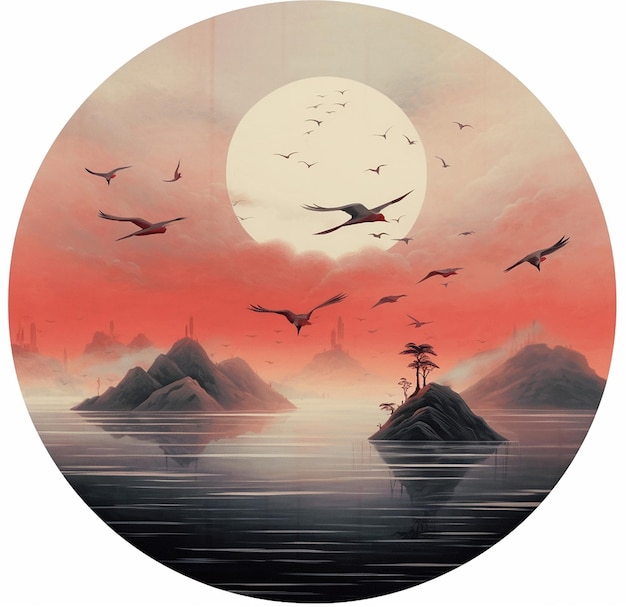 a painting of birds flying over the ocean with a full moon in the background.