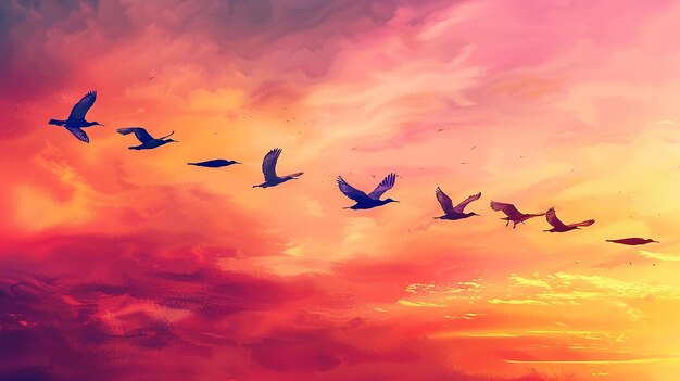 Photo a painting of birds flying in the sky with the sun behind them