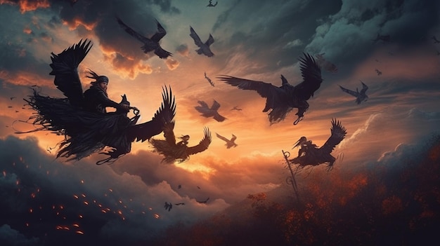 A painting of birds flying in the sky with the sun behind them