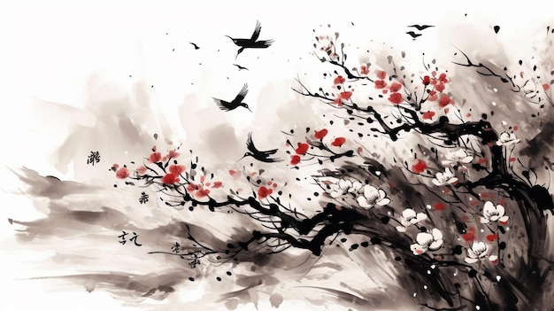 A painting of birds flying over a tree with red flowers.