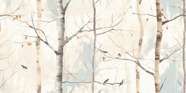 картина птиц в лесу с деревом на заднем плане