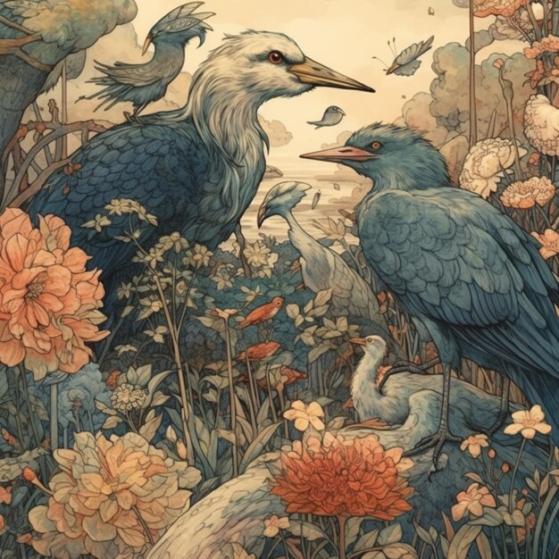 A painting of birds in a garden with a background of flowers and a sky background.
