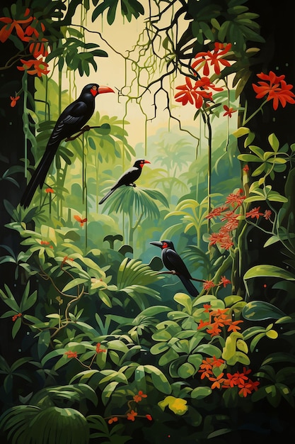 人が描いたジャングルの鳥の絵