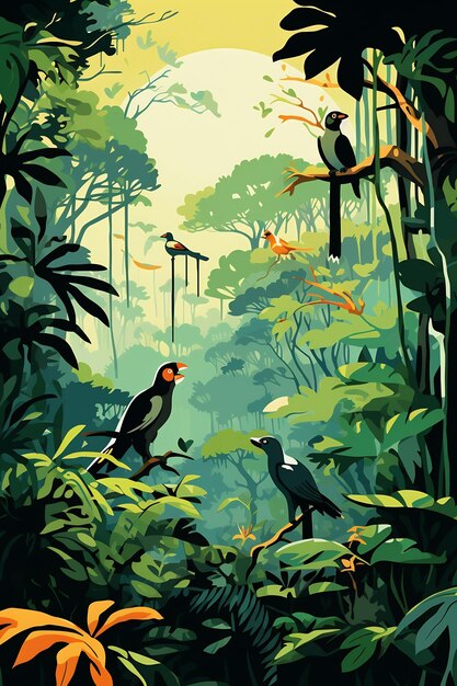 A painting of birds in the jungle with trees and plants