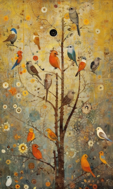 A painting of birds on a tree with flowers on the bottom.