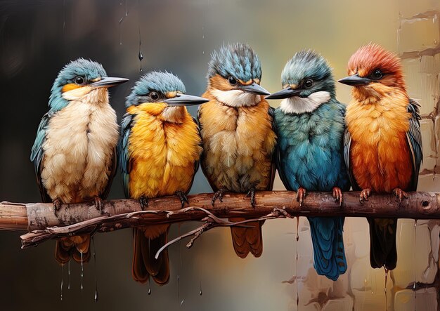 Photo a painting of birds with one being blue and yellow and the other with the other blue