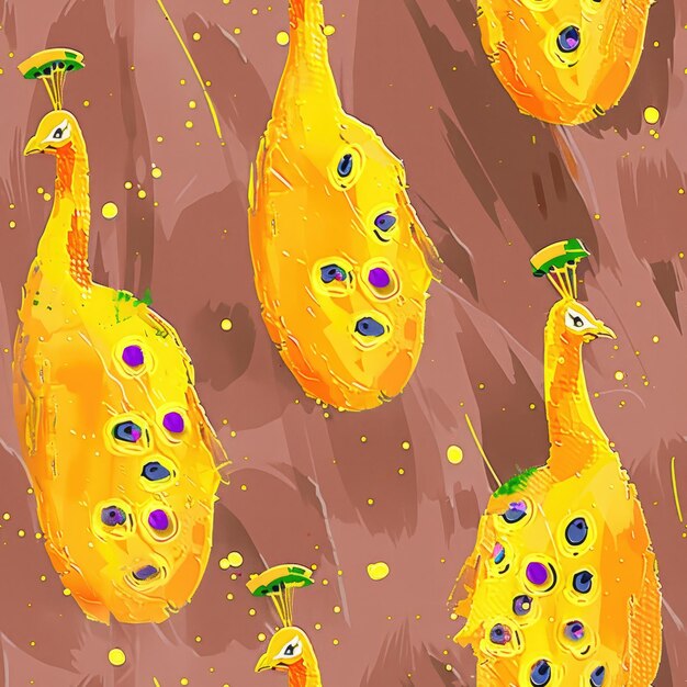 Photo a painting of birds with a yellow beak and purple eggs