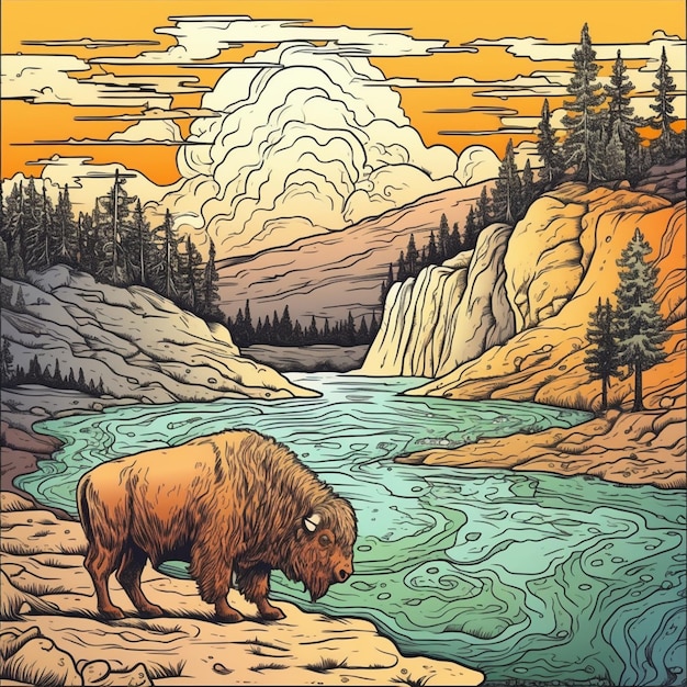 A painting of a bison by the river