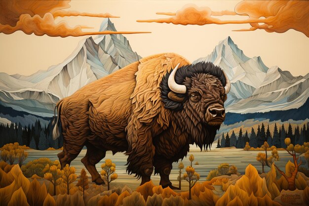 painting of a bison in a field with mountains in the background generative ai