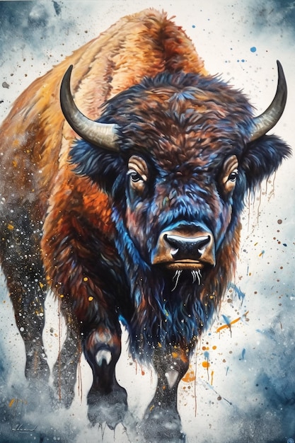 A painting of a bison with a blue face and horns.