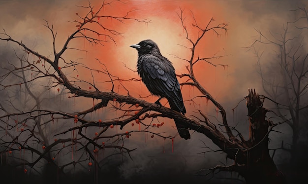 A painting of a black bird perched on a tree branch