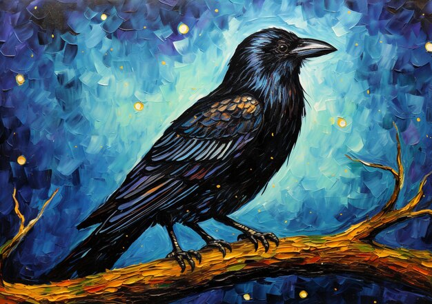 Foto dipinto di un uccello nero seduto su un ramo in un cielo blu generativo ai