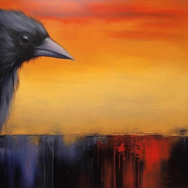 Painting of a black bird with a yellow background and a red sky generative ai