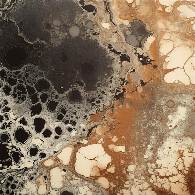 A painting of black and brown abstract shapes with black and white swirls.