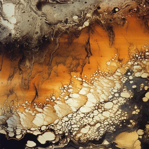 A painting of a black and brown abstract with white and orange swirls.